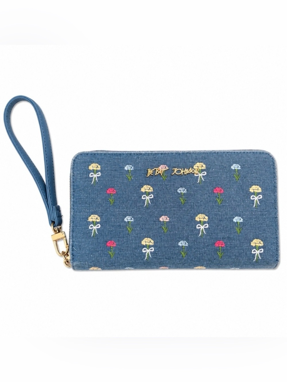 Betsy Johnson Denim Floral Embroidered Wristlet